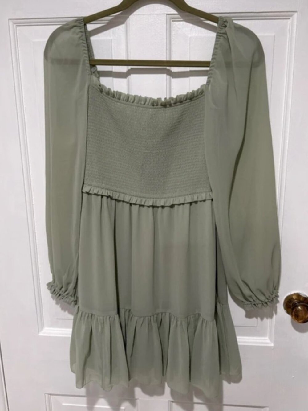 Aritzia Wilfred Tempest Smocked Chiffon Mini Dress Sage Green